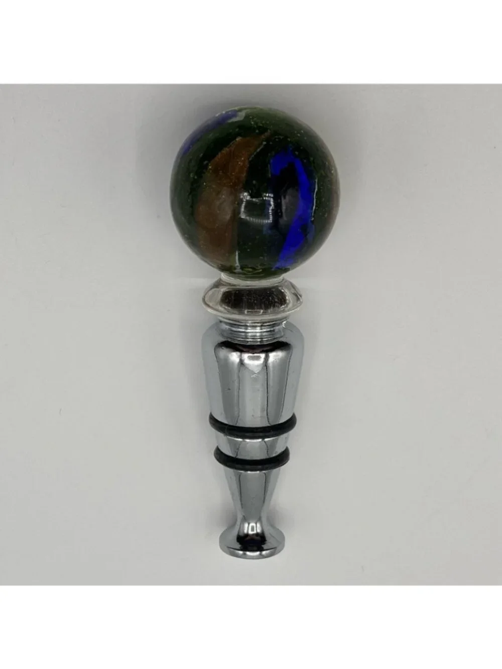 Art Glass Wine Bottle Stopper Topper Green Ball Glossy Bubbles Gold Blue Striped